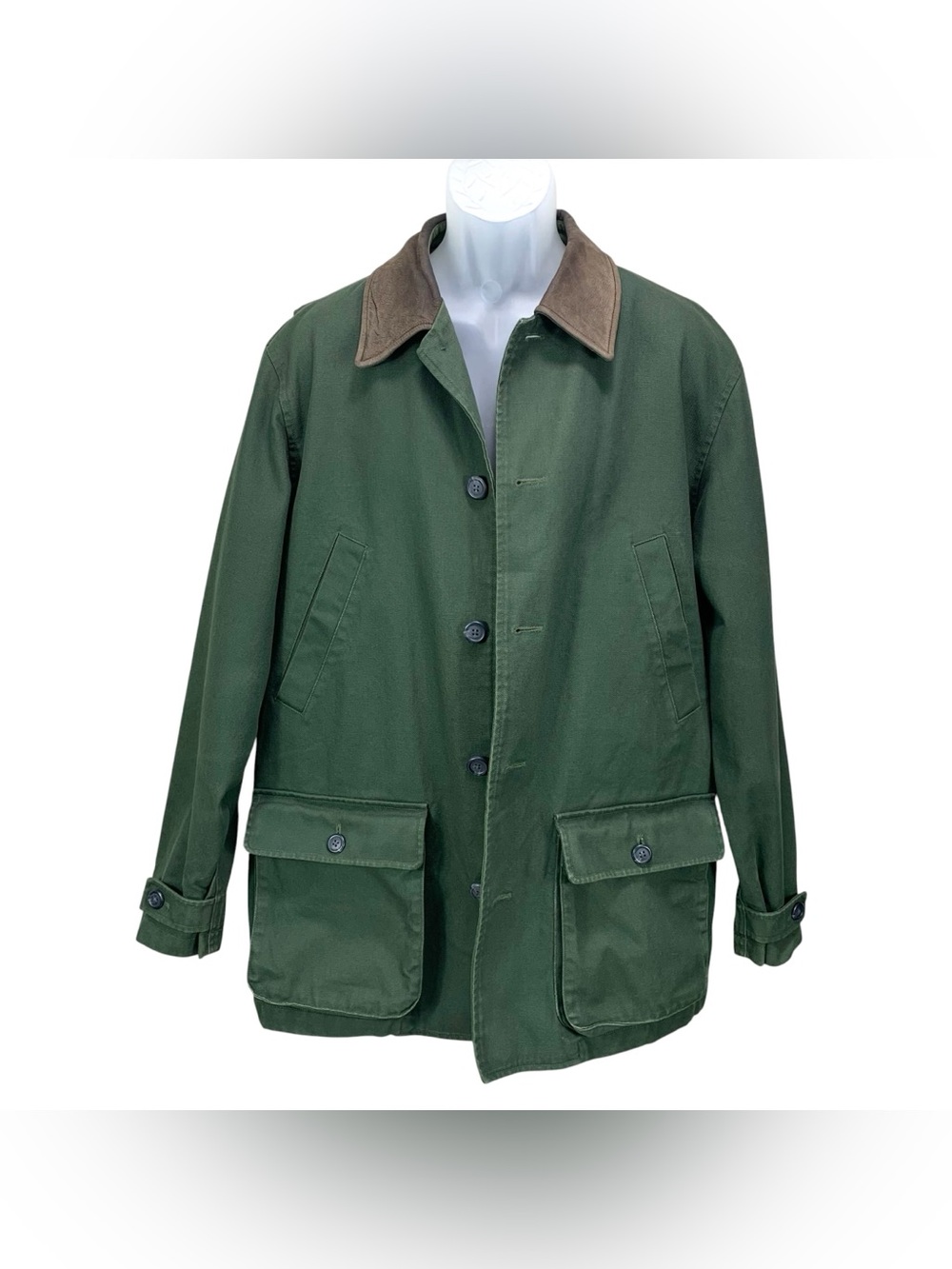 Lands’ End Men’s Medium Barn Coat Green Plaid Lined Jacket Leather